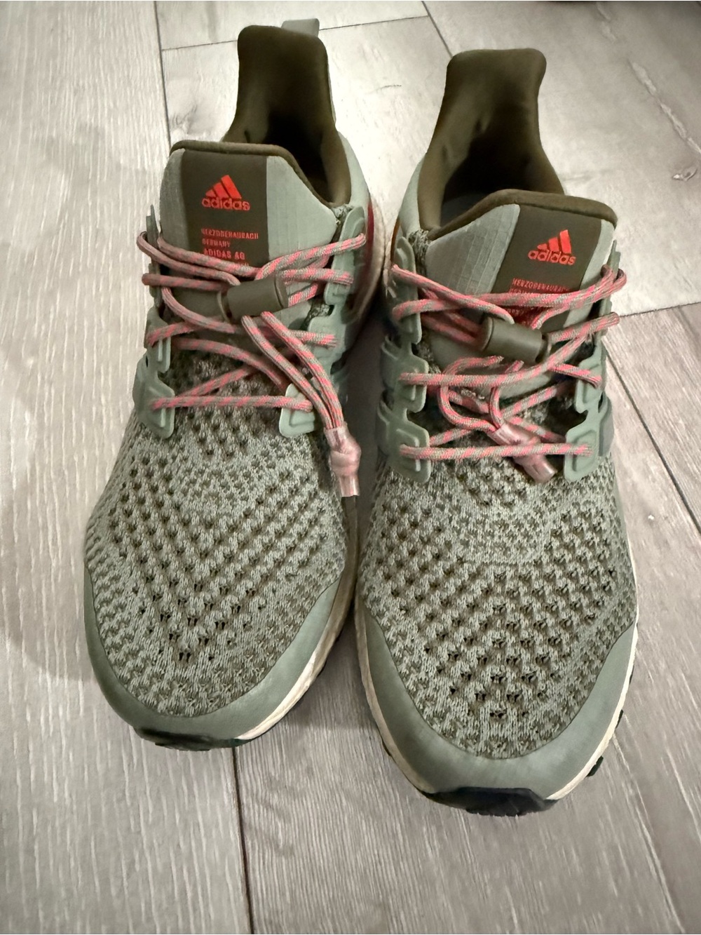 adidas Olive Green Knit Running Shoe with Coral Highlights - Picture 3 of 5